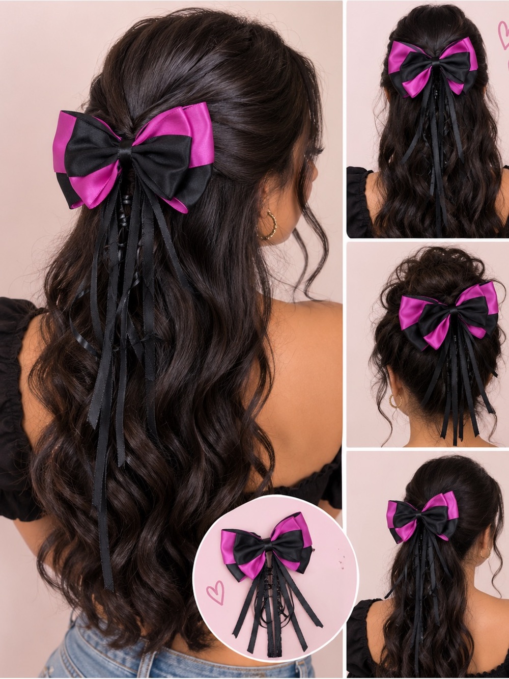 Fuchsia & Black Satin Hair Bows